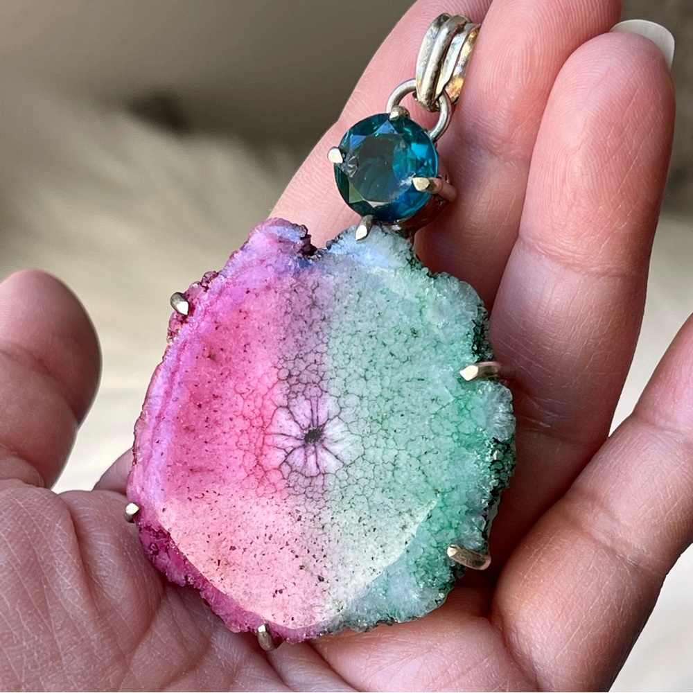 Rainbow Solar Quartz Crystal Silver Tone Large Pendant Blue Glass Stone